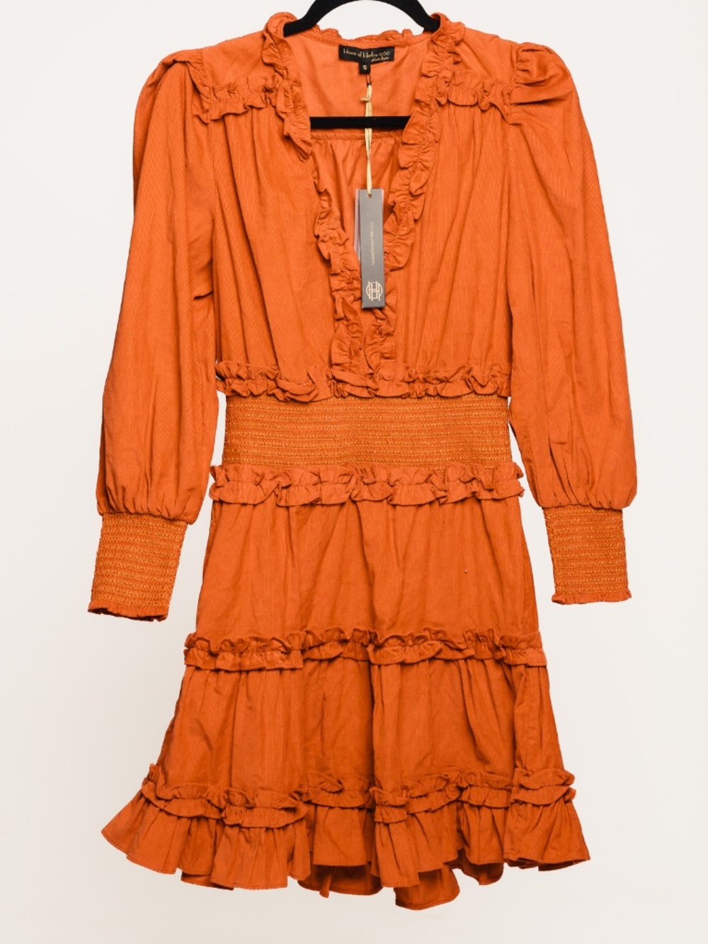 House of Harlow ruffle dress in rust, perfect for fall.